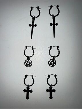 Black Gothic Hoop Earring Set - Cross, Dagger & Pentagram Charms